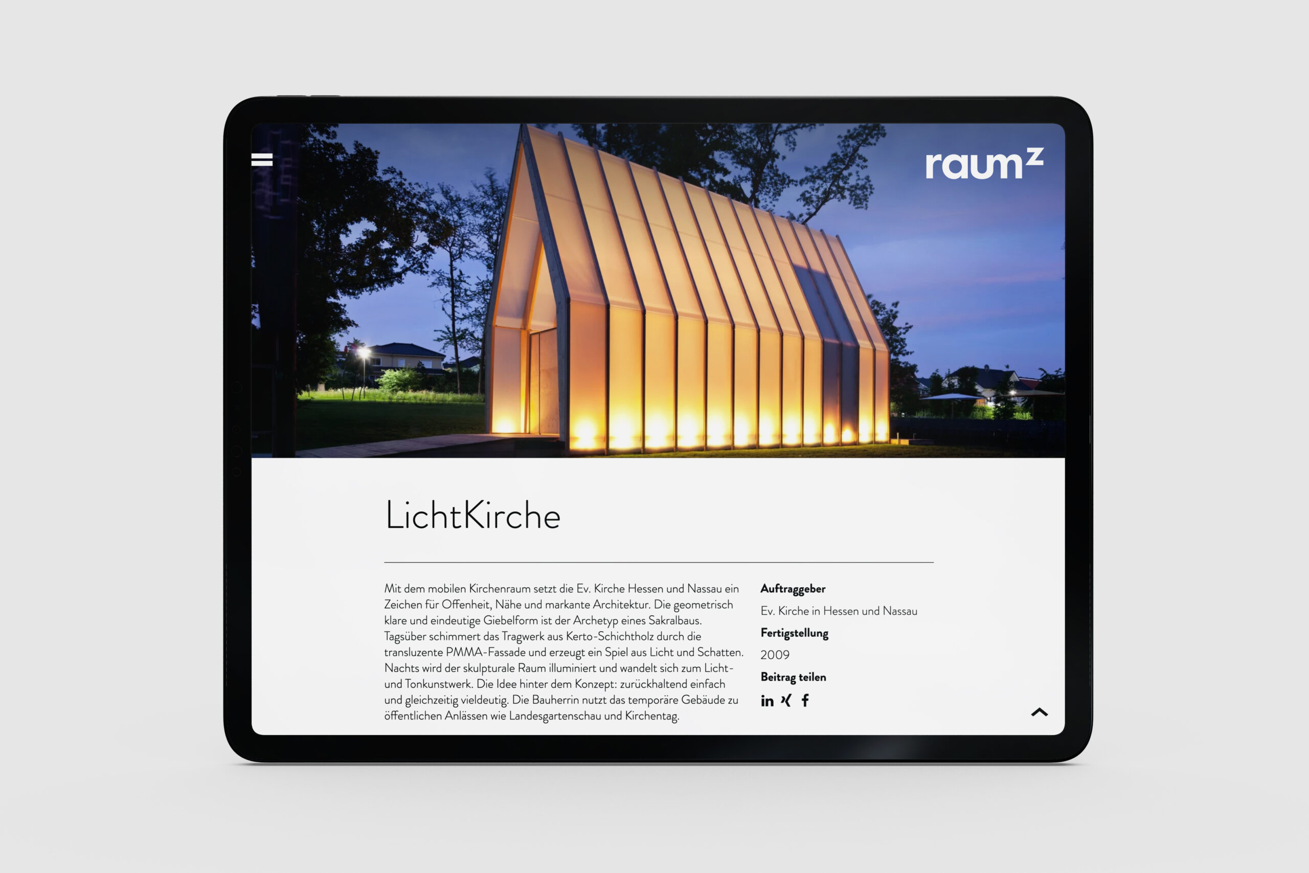 Webdesign Screendesign - raum z Architektur Corporate Design Tablet Ipad